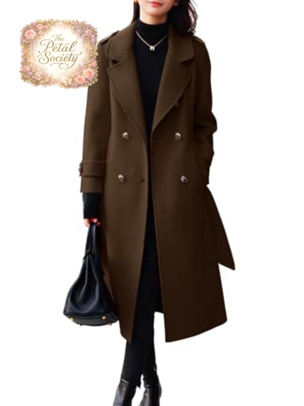 Womens Belted Wool Pea Coat Double Breasted Midi Trench